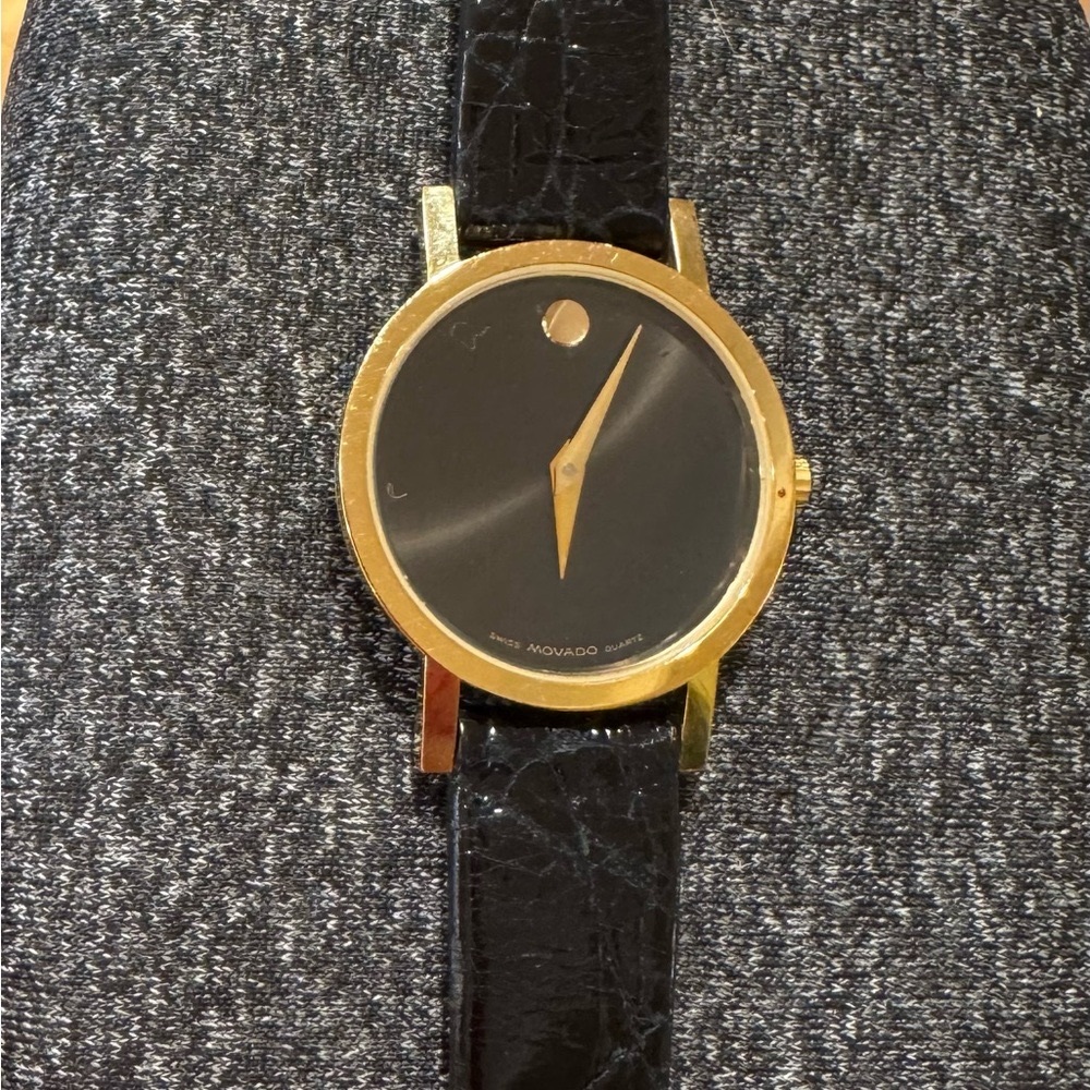 Vintage Movado museum watch crocodile strap black and gold